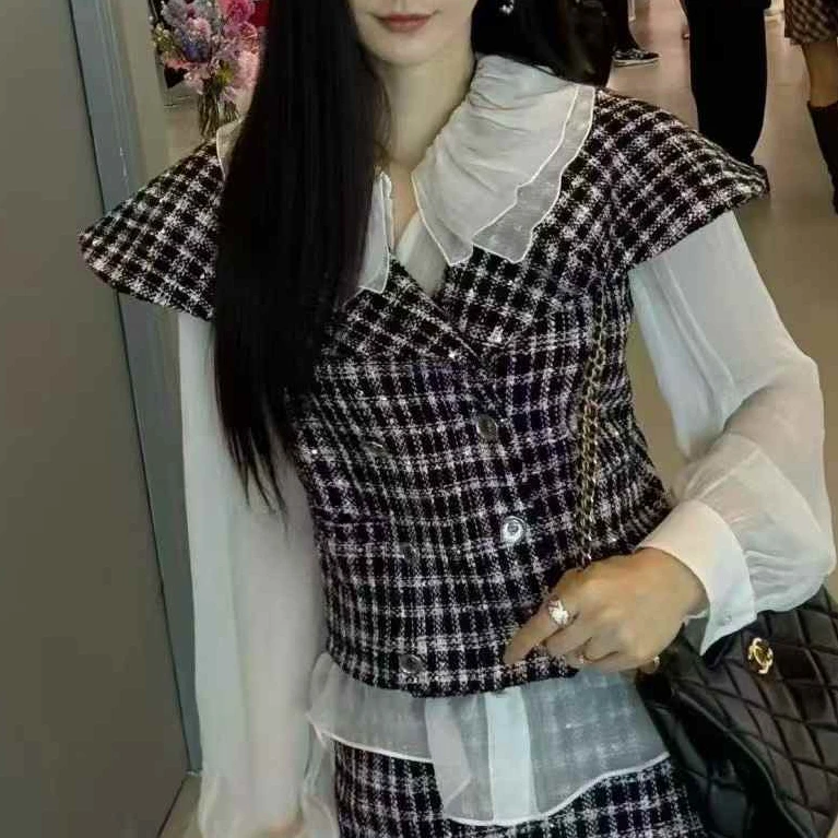 99新 Chanel/香奈儿 38码25S秀款新荷叶领边重工格纹编织马甲