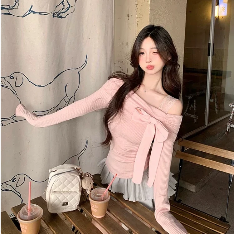 【园园粉丝专属】一字肩蝴蝶结蕾丝吊带修身甜美设计感打底衫上衣