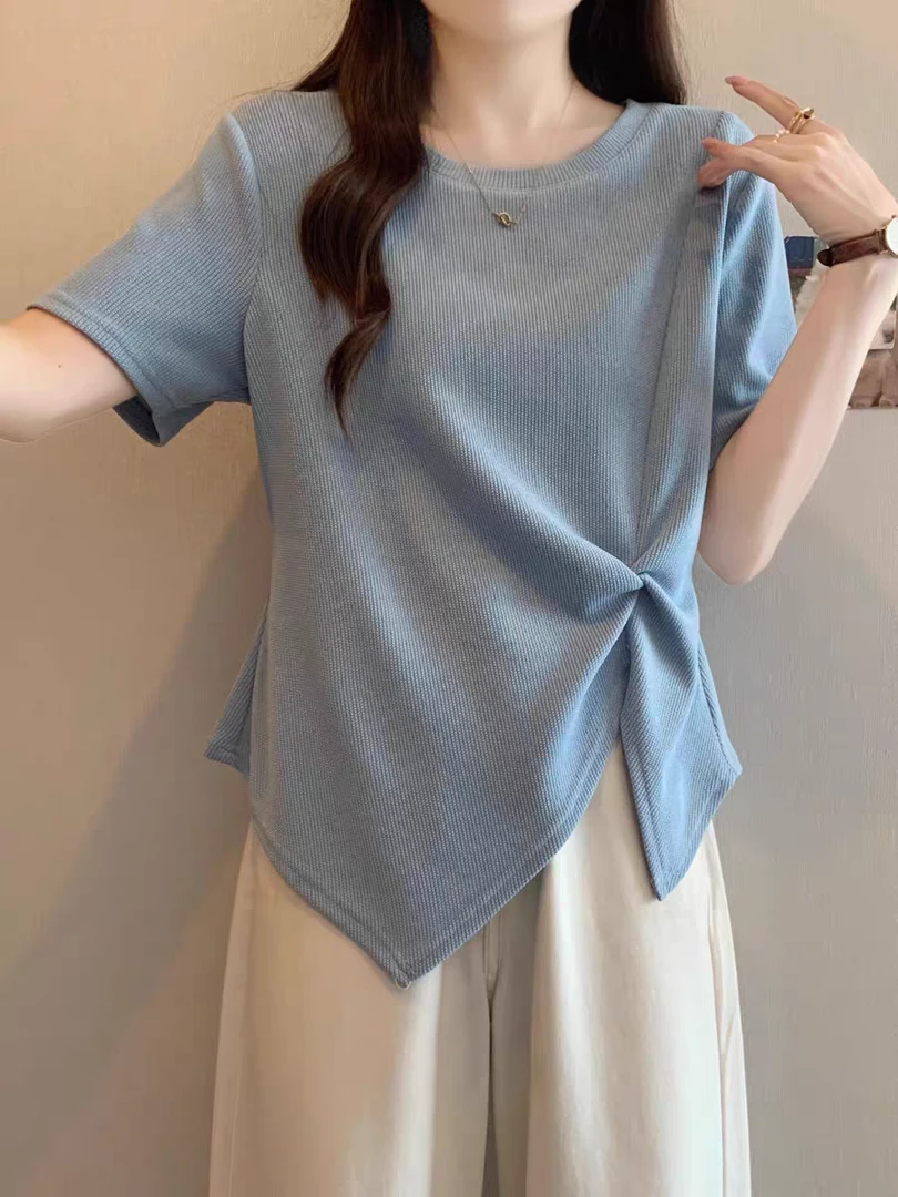 2025夏装新款胖mm大码女时尚设计感不规则修身显瘦短袖T恤#3905