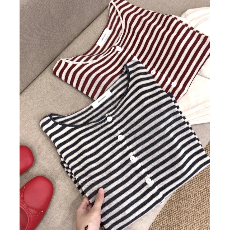 早秋新品【朱古力】圆领条纹宽松长袖薄款针织开衫休闲外套060