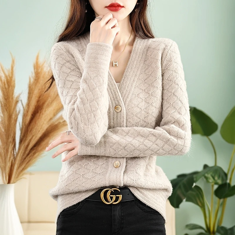 2023春秋新款羊毛针织开衫女v领扭花菱形宽松毛衣100%纯羊毛外套