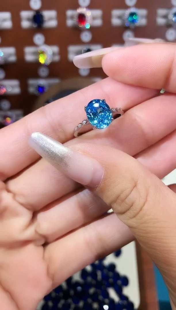 银S925镶嵌戒圈海蓝宝石810白鸟巢切