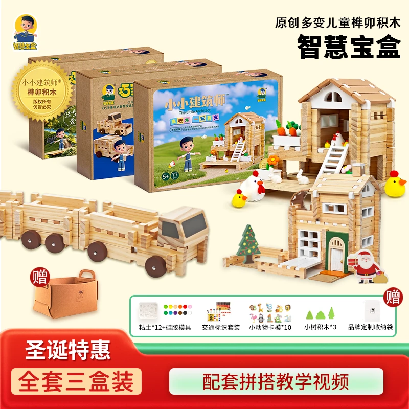 【圣诞3盒家庭版装】智慧宝盒小小建筑师多变榫卯积木玩具一玩百变