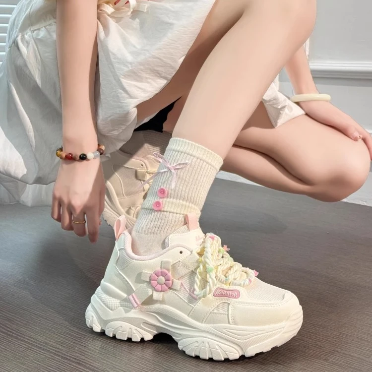 回力女鞋花朵甜美老爹鞋透气网鞋2025新款网红厚底运动休闲小白鞋