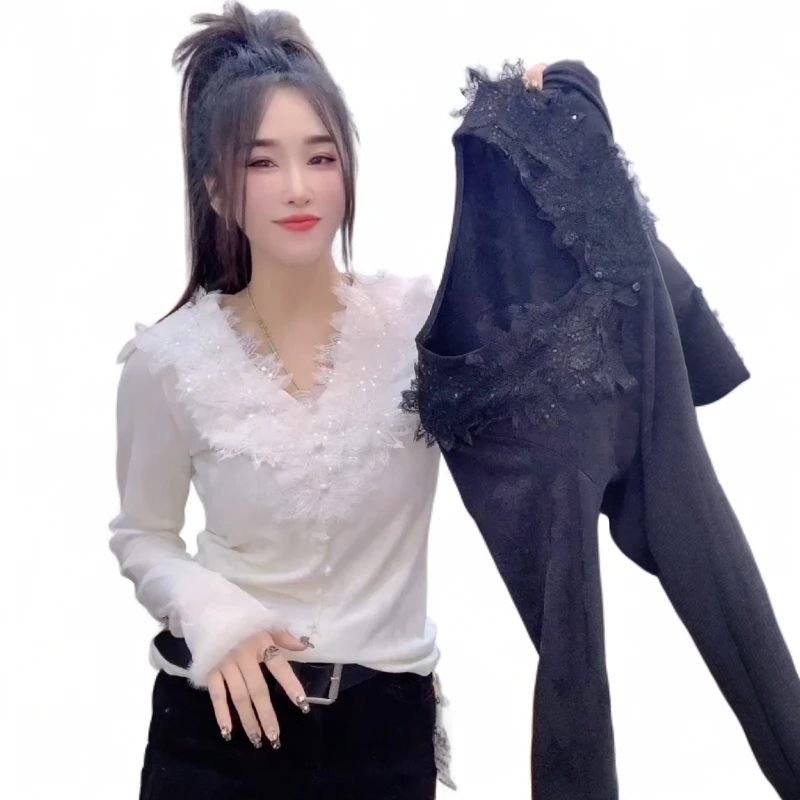 时尚洋气欧洲站2025冬季新款拼接亮片提花v领t恤女百搭套头上衣潮