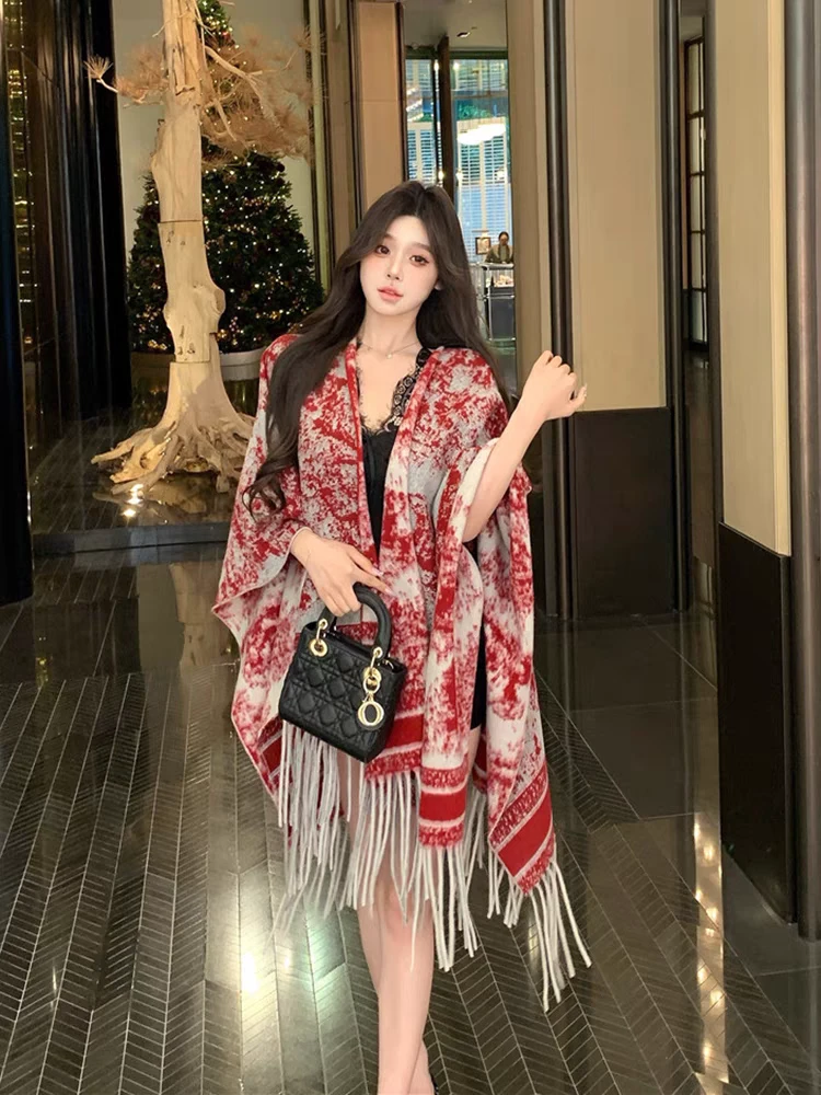 【水墨丹瑛】红色水墨画披肩围脖时尚百搭女士高档春秋经典复古长款