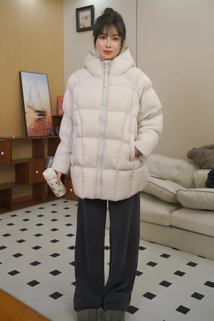 高货云朵泡芙高端95白鸭绒羽绒服连帽中长款宽松长袖女拉链冬保暖