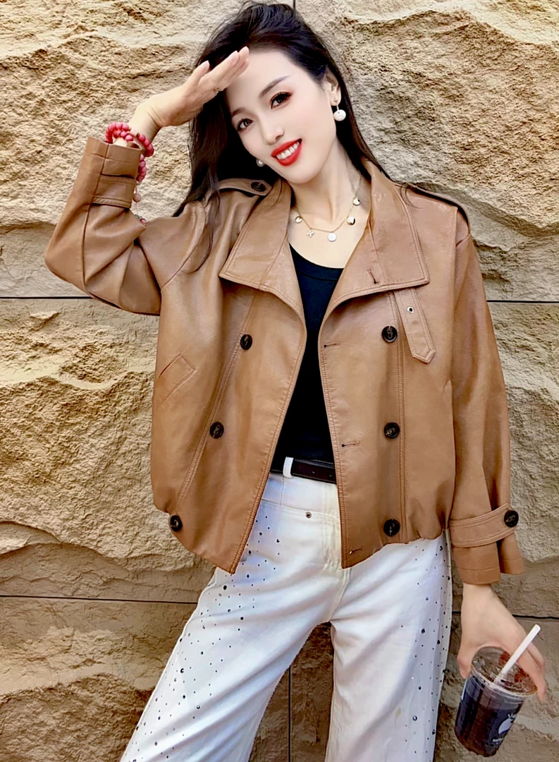 yipinyuxi/依品羽茜海宁正品2025秋冬新款时尚宽松翻领皮衣外套女