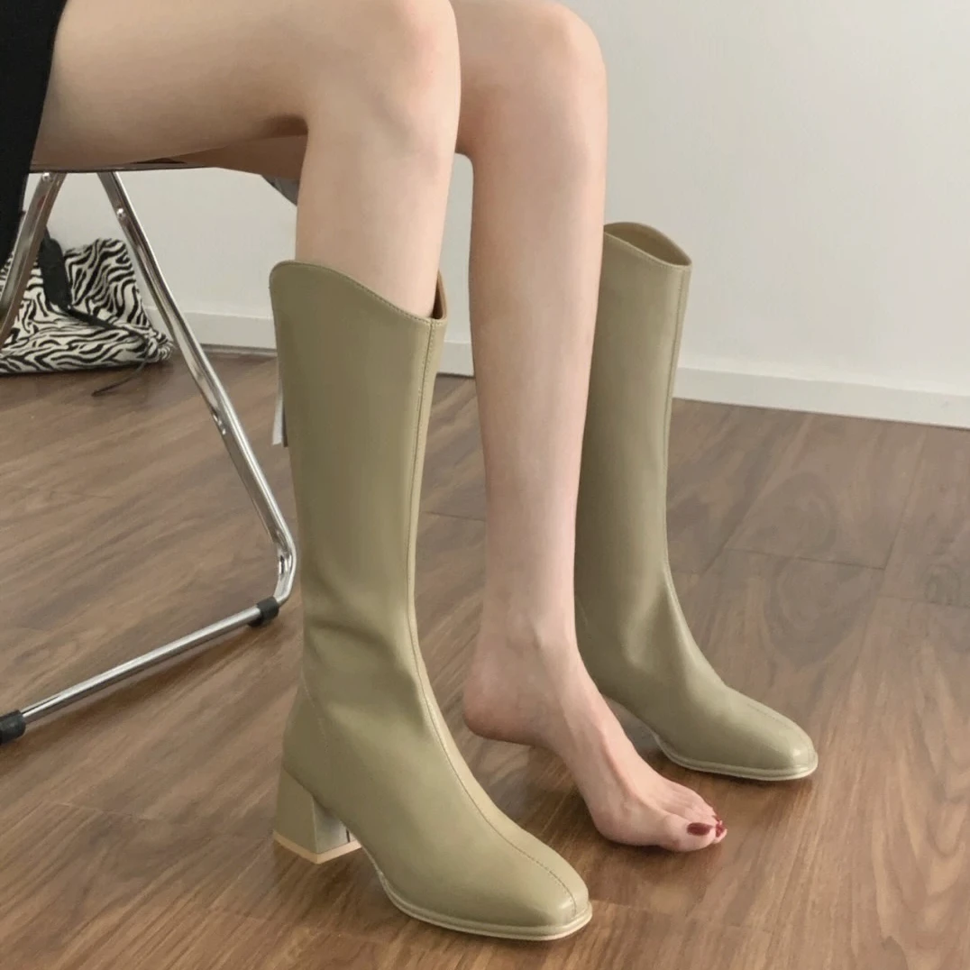【401-600】显瘦方头韩版长款不过膝气质增高靴子女高跟瘦瘦靴