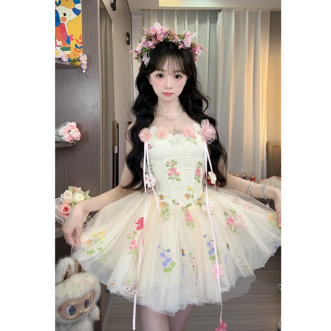 【运补6-8】【琉璃花梦】新款甜美温柔风吊带碎花纱纱女款连衣裙+胸针