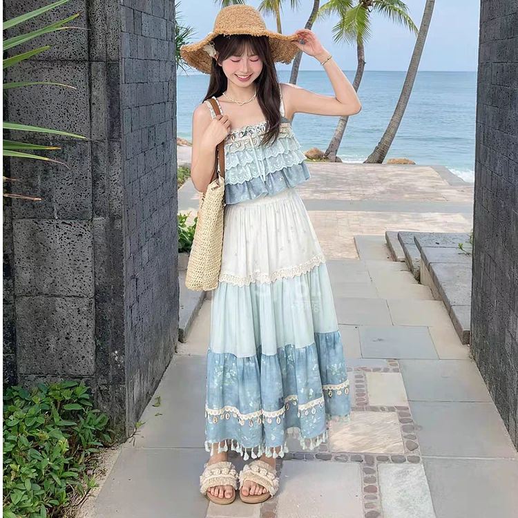 波西米亚吊带背心套装民族夏季新款上衣半身裙高腰度假蕾丝两件套