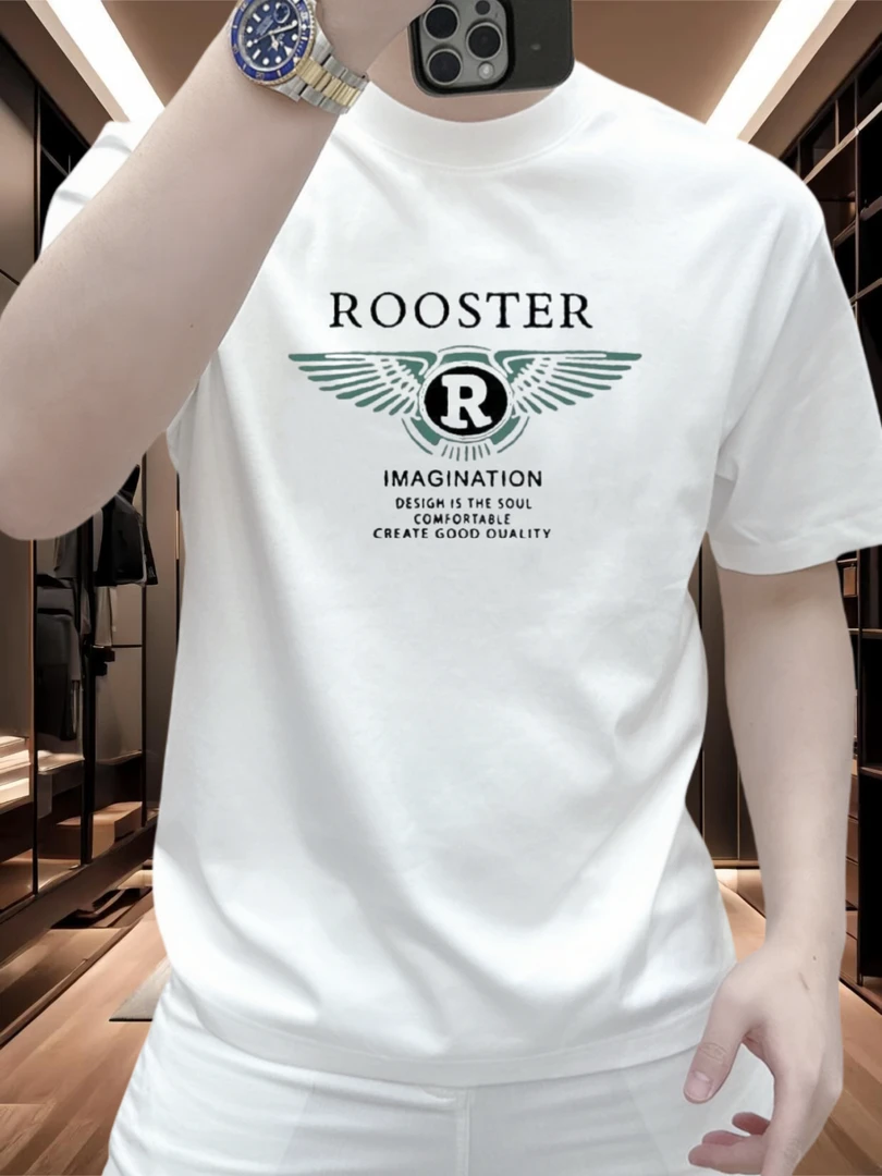 2025新款潮牌男士ROOS印花重磅纯棉短袖T恤时尚圆领休闲百搭上衣