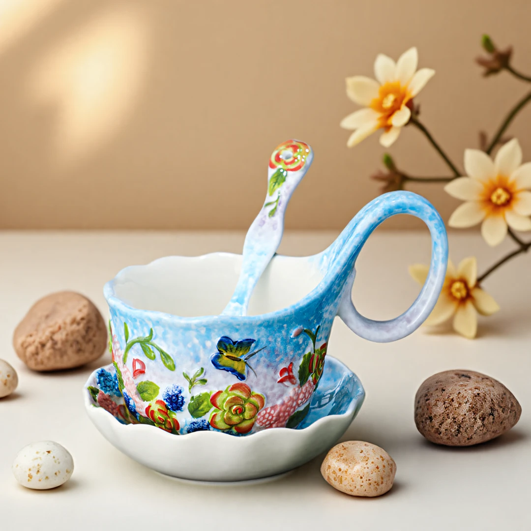 手绘釉下彩蝶恋花浮雕陶瓷曲把杯三件套餐具套装