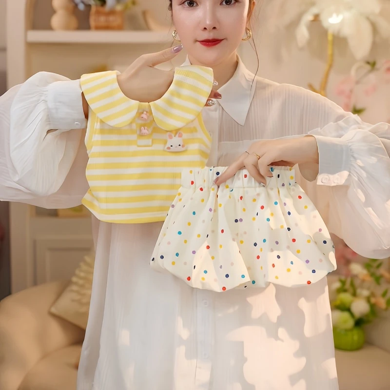 【现货】2025年夏季新款女小童黄色海军领上衣+彩色波点套装024