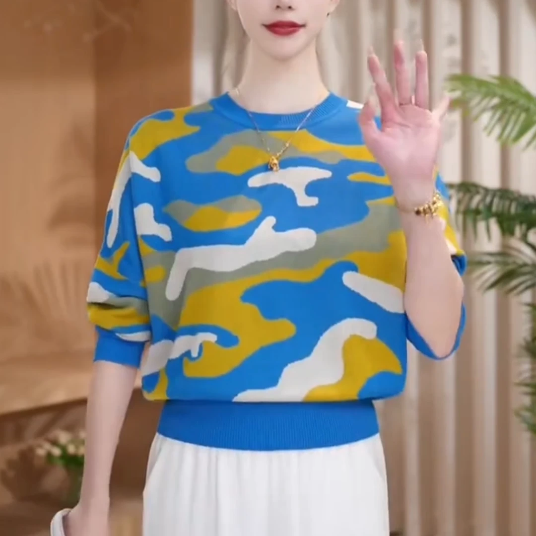 2025秋冬新款时尚百搭圆领五分袖针织衫女宽松显瘦毛衣打底上衣