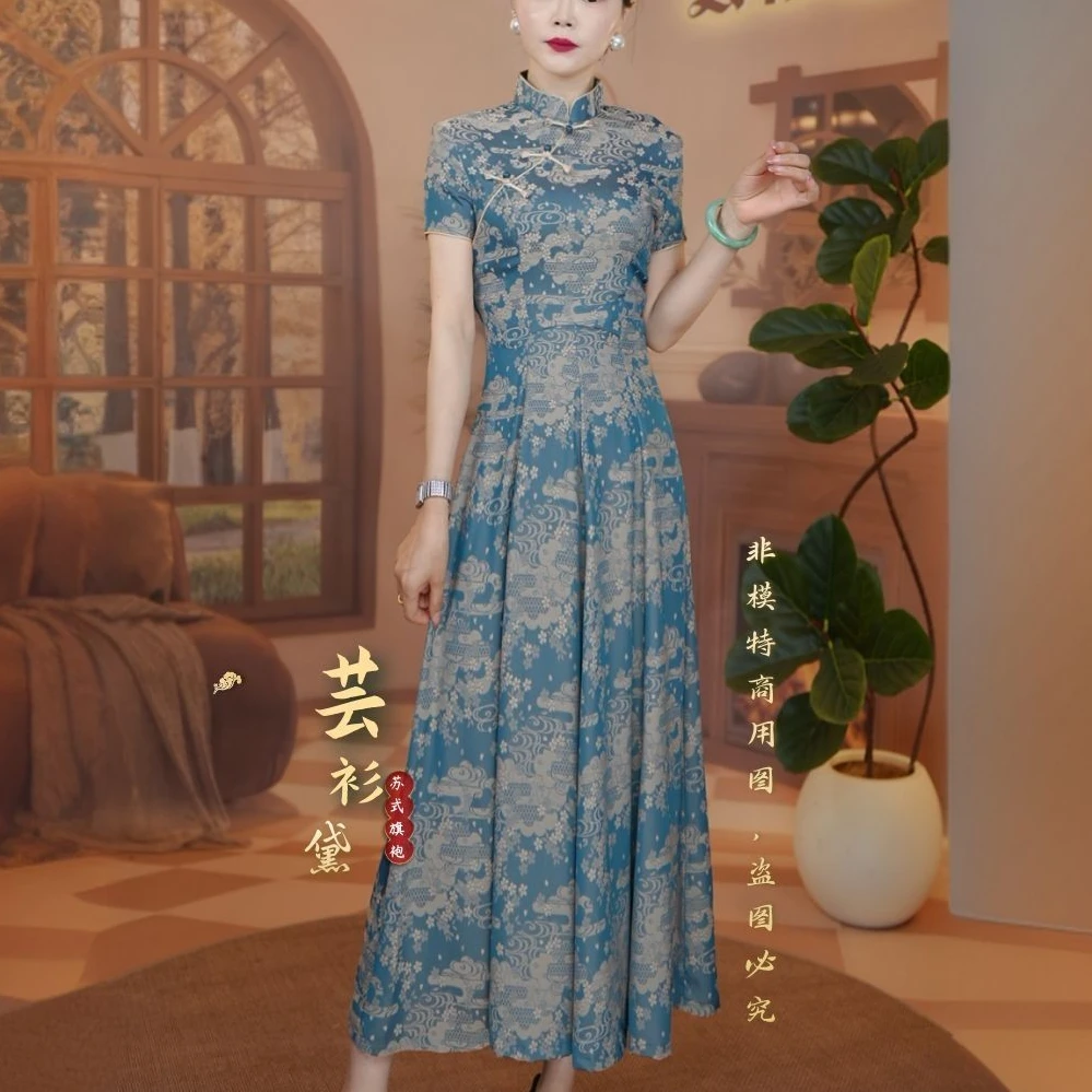 【海蓝，单层夏款】绝美妈妈国风改良中式显瘦女款爆款旗袍连衣裙