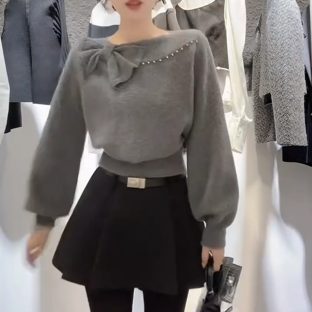 2025冬季气质打底衫长袖网红时尚百搭蝴蝶结针织衫上衣LK2507707
