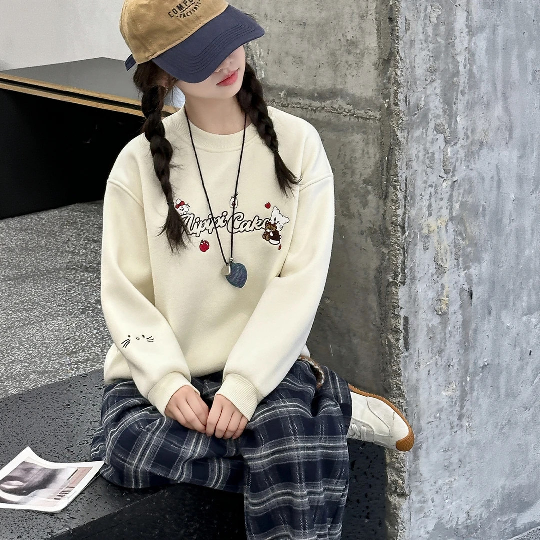 女童加绒卫衣秋冬装2025新款网红女孩加厚打底衫中大儿童保暖上衣