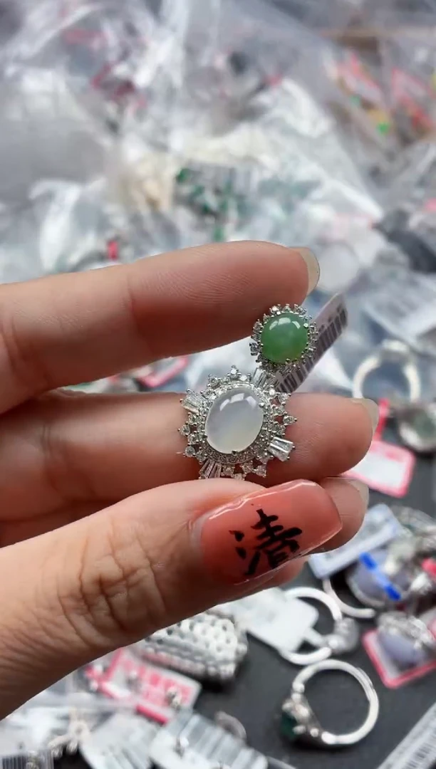 银S925镶嵌戒指翡翠天然A货缅甸翡翠