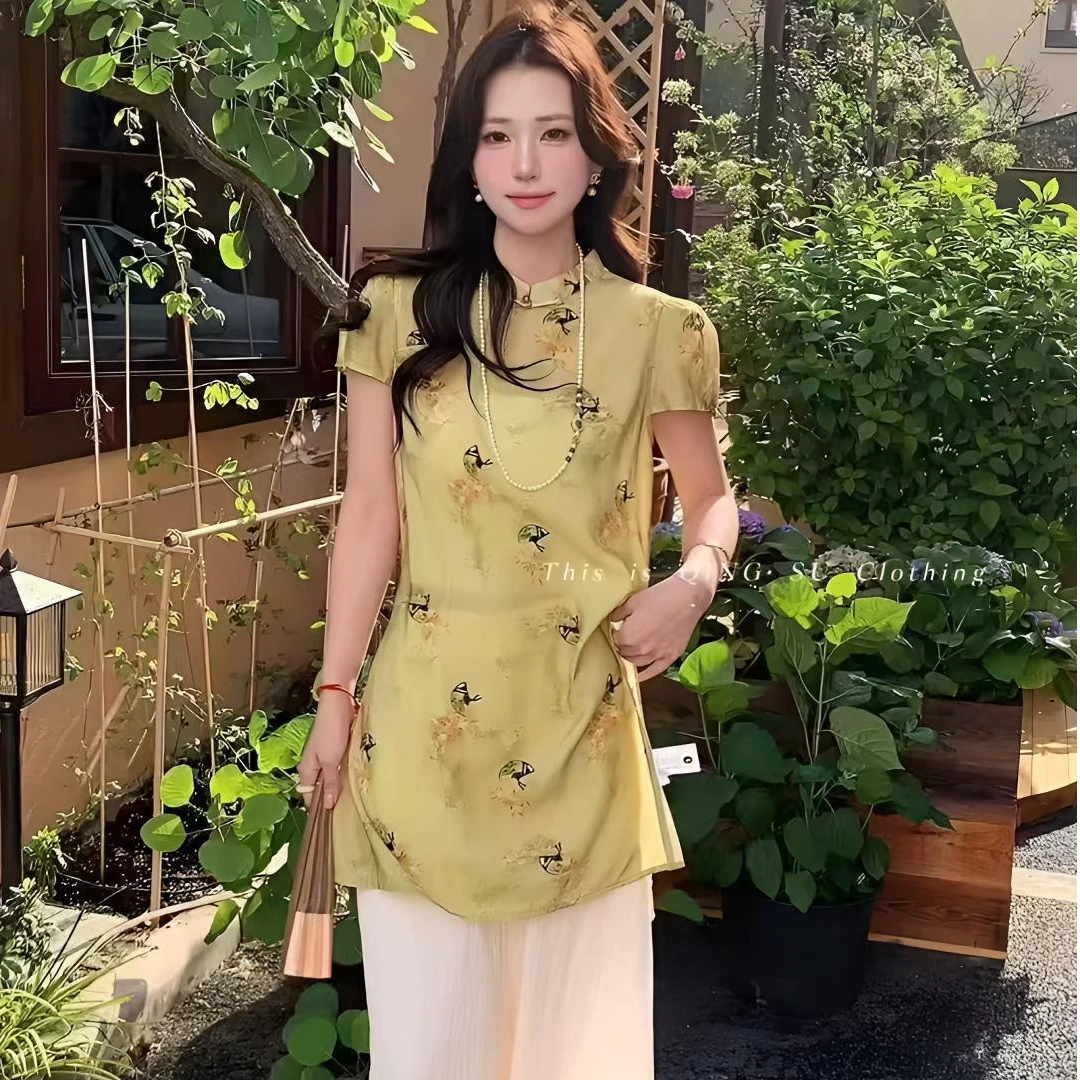 新中式国风印花衬衫女2025夏季新款高级感宽松气质旗袍上衣+裤子