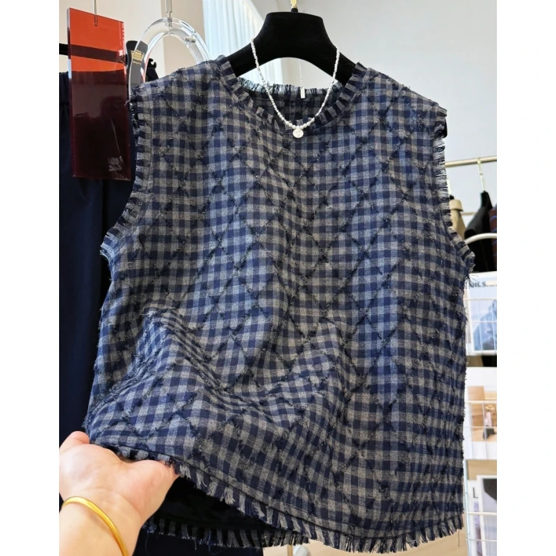 高级感洋气毛边流苏复古格子叠穿马甲女时髦洋气早秋无袖坎肩上衣