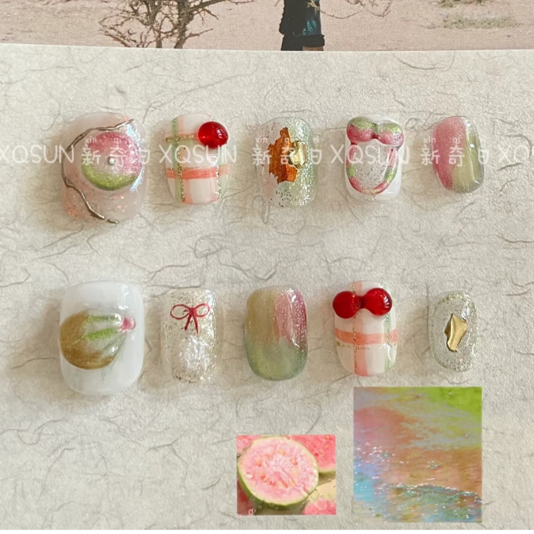 （粉芭乐）春夏穿戴甲小众ins猫眼芭乐番石榴手绘渐变粉色短甲