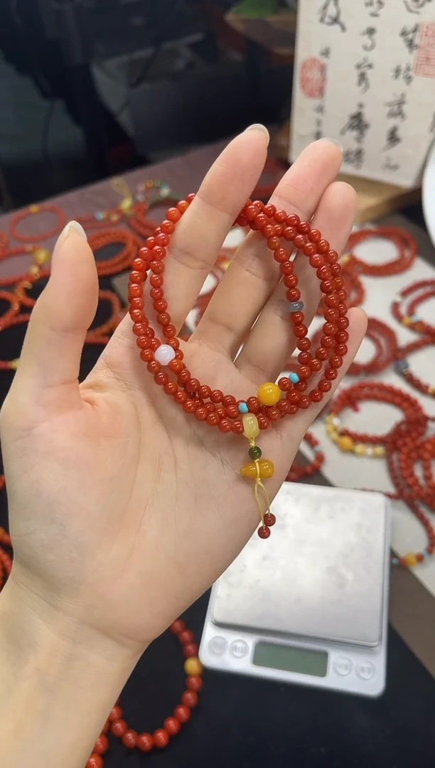 未镶嵌手串南红玛瑙南红三圈蜜蜡手串QF-C80（多样性发一）