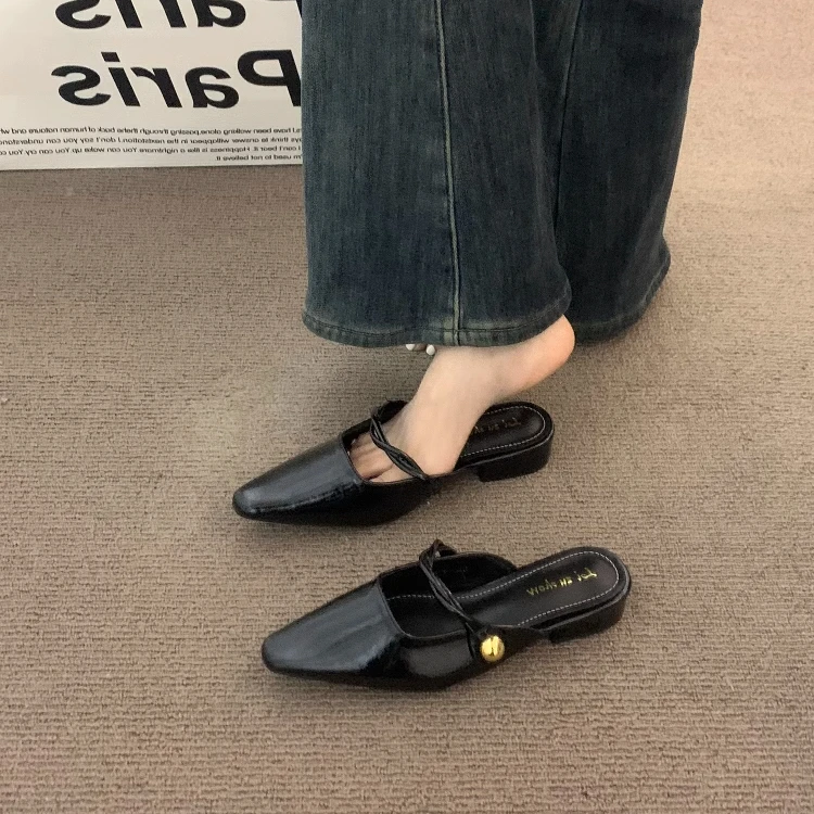 法式高级低跟链条黑色尖头半拖鞋女2025夏季气质包头玛丽珍晚晚鞋