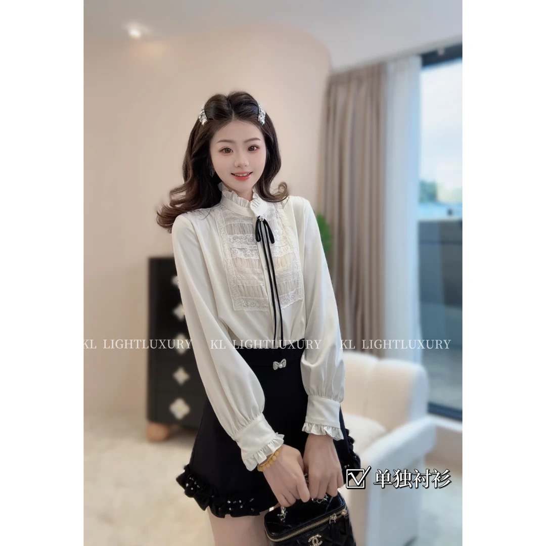 【香阀世家】高级感蕾丝拼接木耳边衬衫S0112