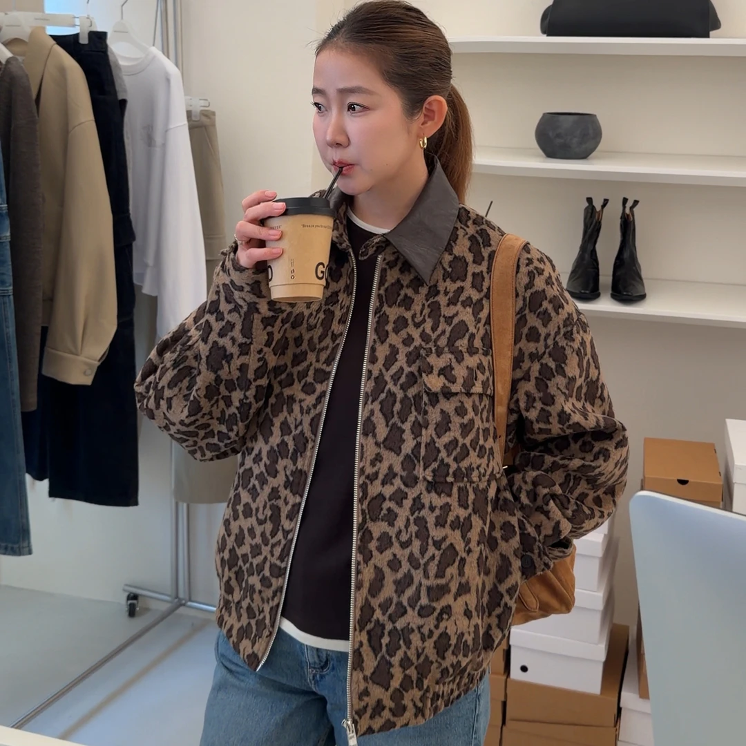 widelia陈姬儿冬季复古豹纹夹棉外套女短款翻领拉链保暖上衣8183