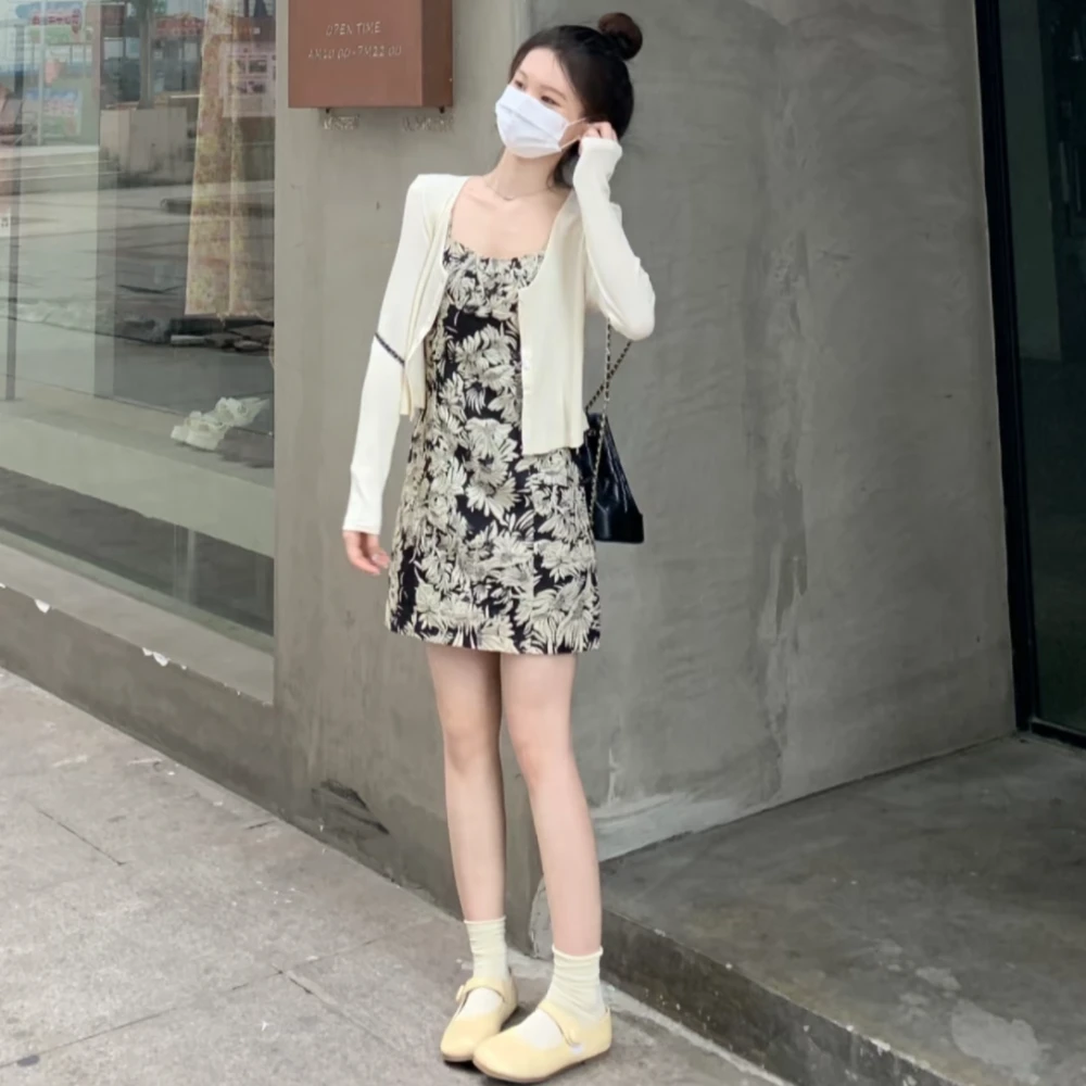 法式chic碎花吊带连衣裙套装女夏高级感甜辣小个子春季穿搭一整套