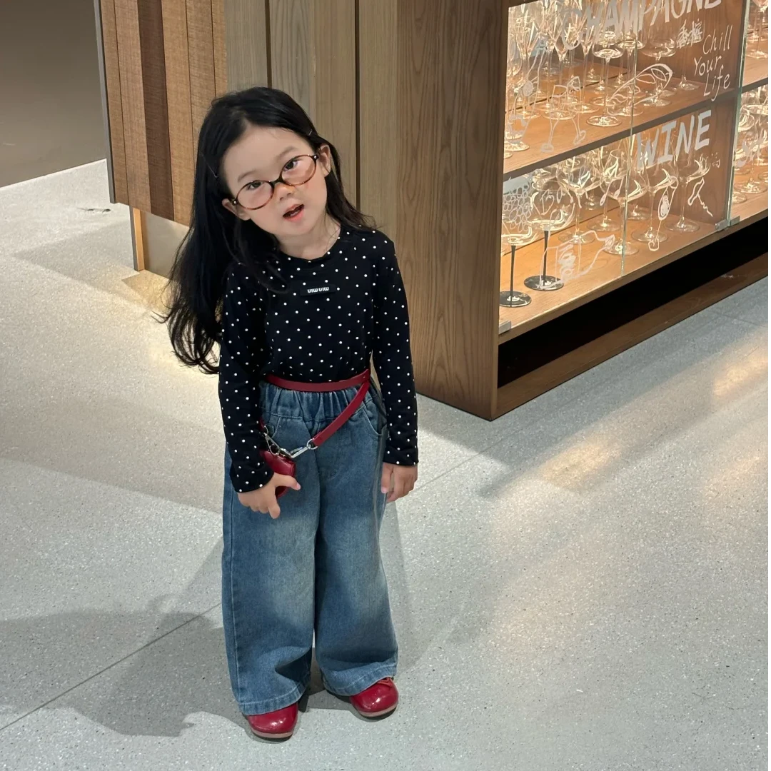 壹妈童装女童时髦套装秋寄新款洋气女宝波点长袖上衣蝴蝶结牛仔裤