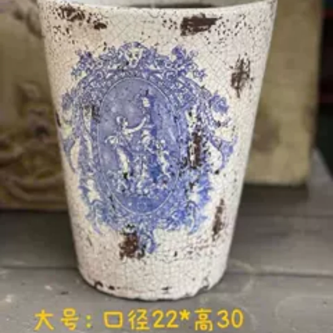 手压红陶粗陶青花天使做旧花盆适用于别墅庭院露台花园