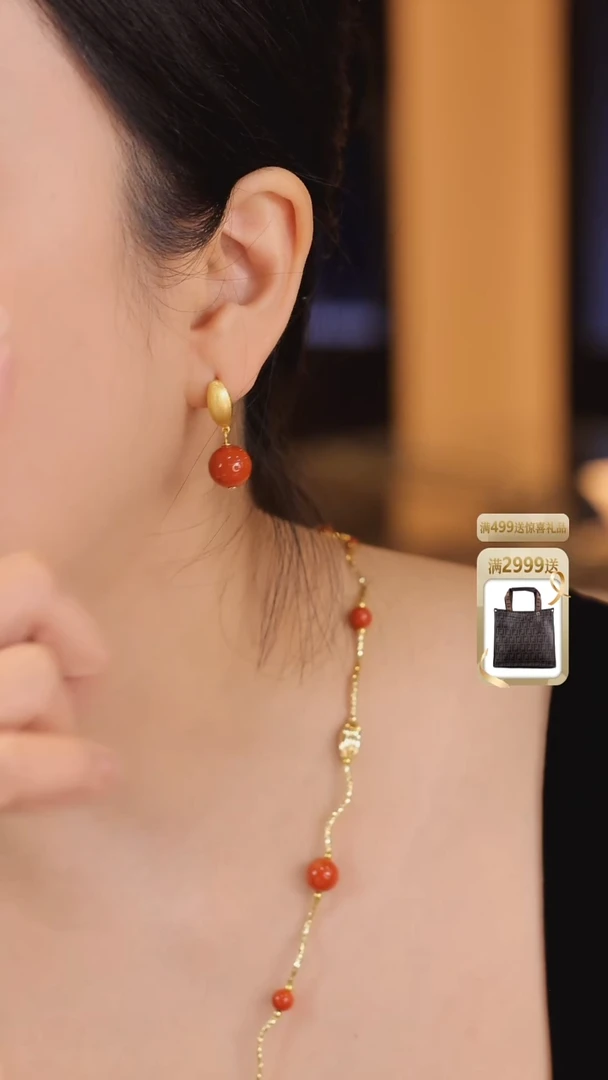 银S925镀金镶嵌南红玛瑙耳饰南红耳环ES1473