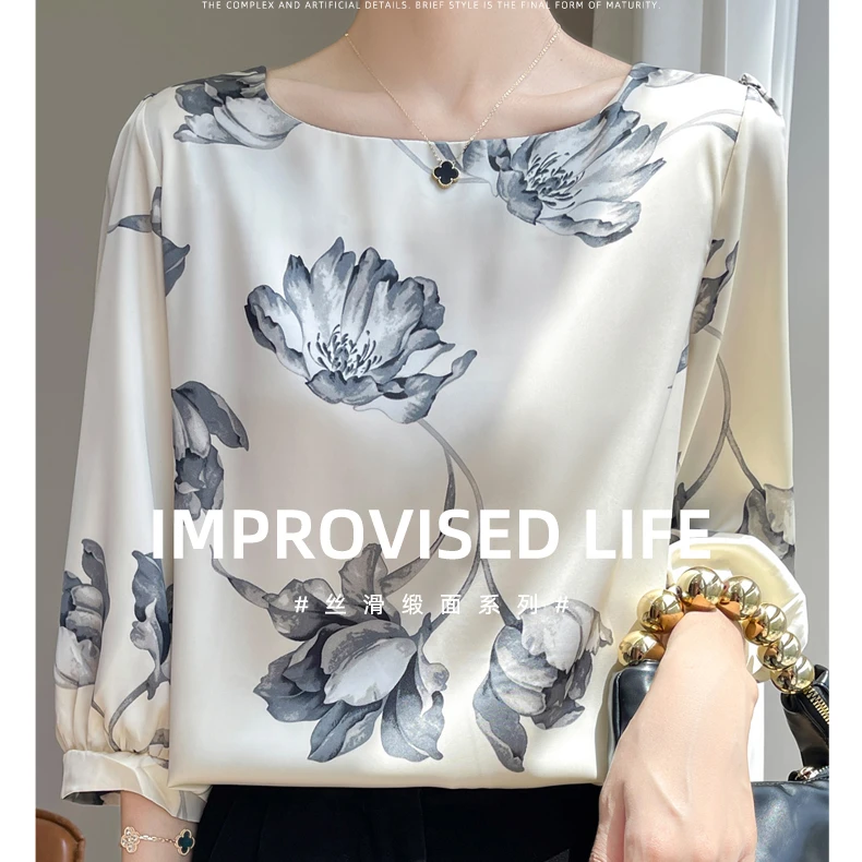 缎面女士2025衬衣夏季装宽松印花衬衫洋气上衣七分袖百搭圆领短袖