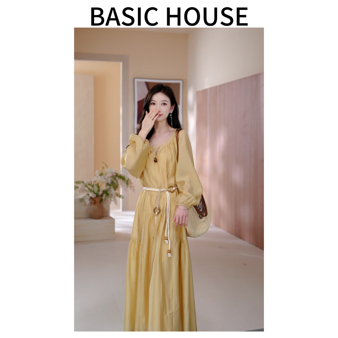 Basic House/百家好夏季新款优雅时尚百搭设计感连衣长裙子女C