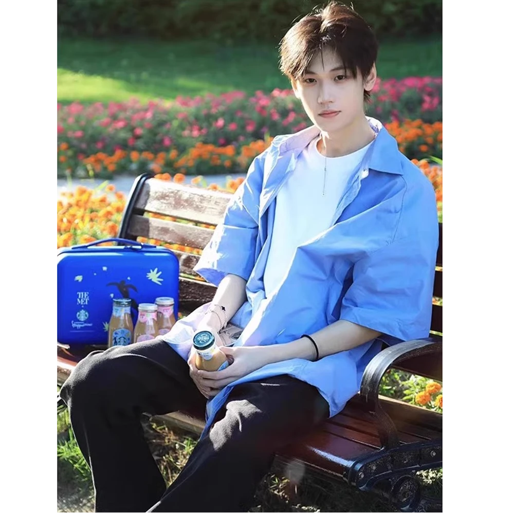 蓝色衬衫男短袖夏季潮牌休闲宽松衬衣阳光干净男生穿搭七分袖外套