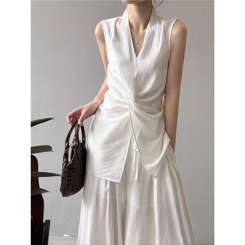 亚麻无袖衬衫套装女夏季扭结气质高级感上衣阔腿裤休闲时尚两件套