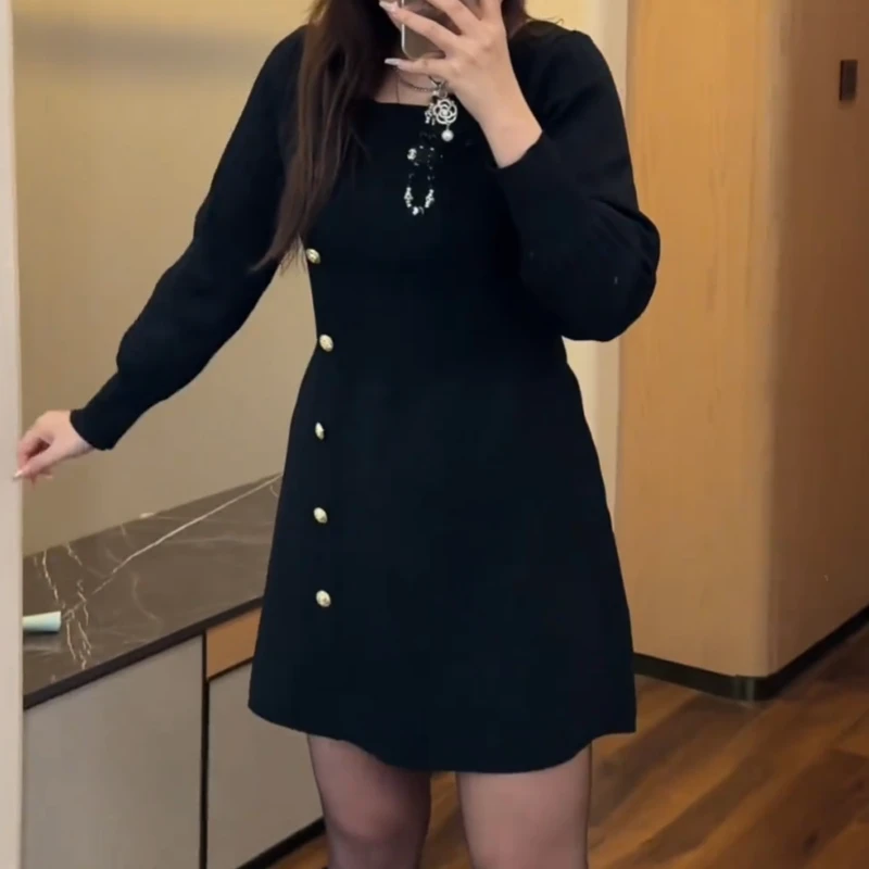 大码气质针织打底连衣裙女初秋胖mm显瘦内搭简约风收腰a字小黑裙