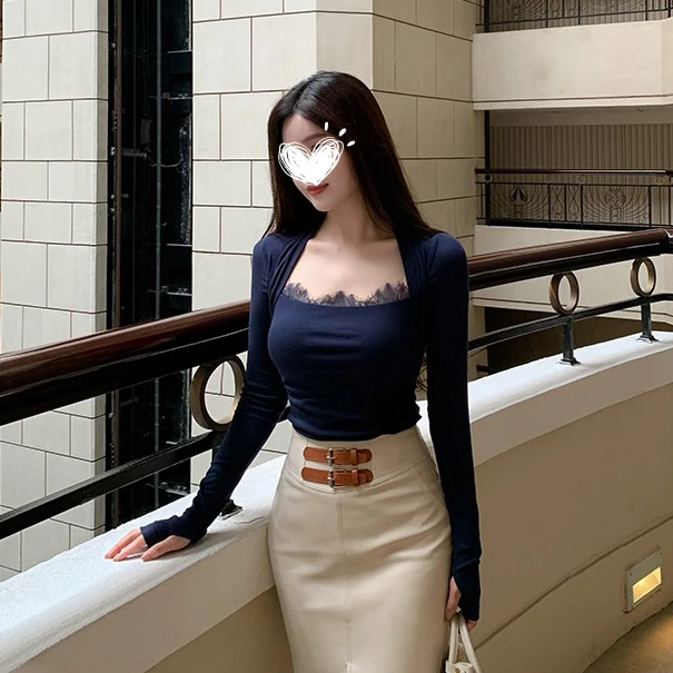 蕾丝花边针织长袖磨毛T恤上衣气质打底衫修身显瘦秋冬季新款洋气