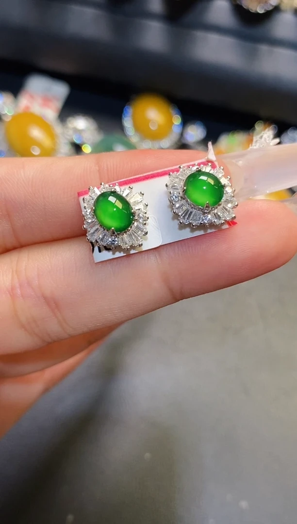 银S925镶嵌翡翠耳饰天然