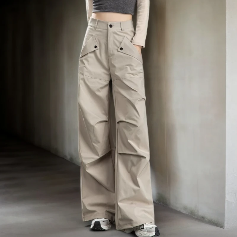 美式高腰工装裤女款2025加绒秋冬个性设计感阔腿裤女垂感直筒长裤