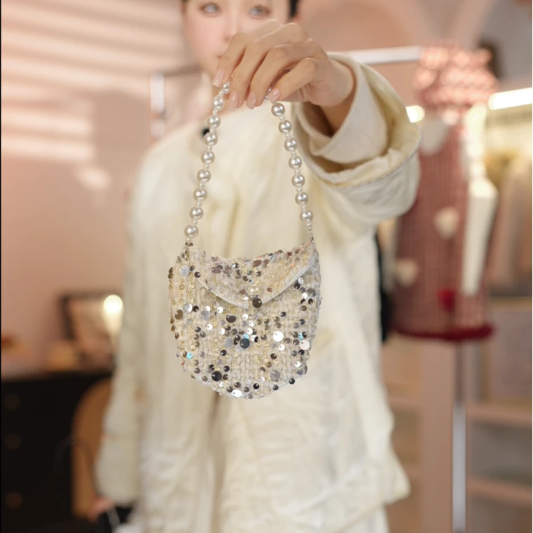 阿妞新款MIU系亮片珍珠包女童时尚洋气百搭小包包重工儿童轻奢