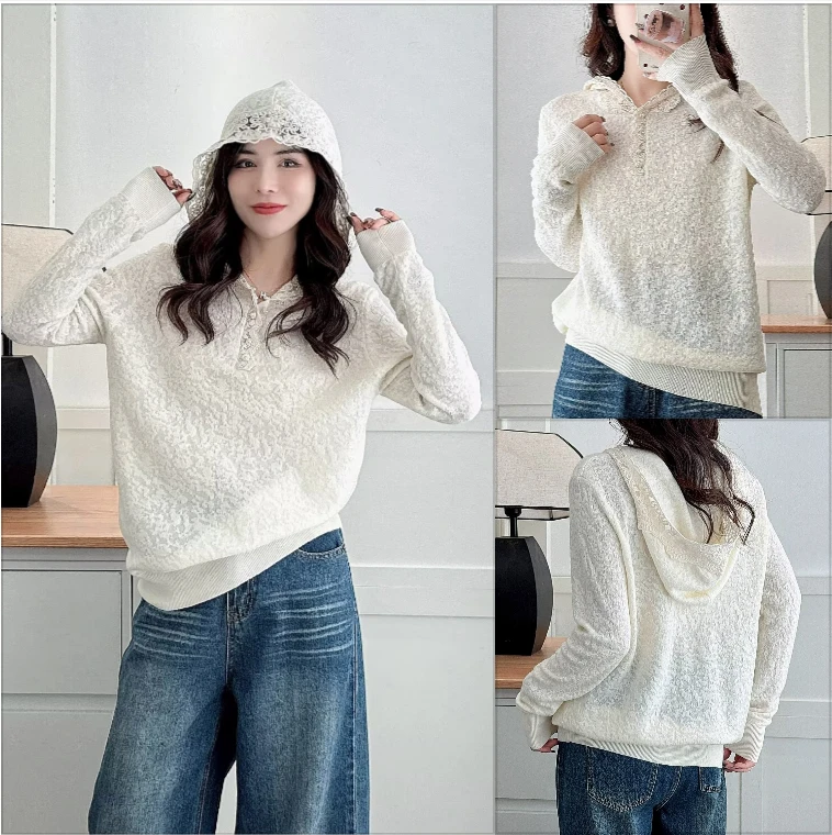 大码微胖MM早春减龄显瘦蕾丝勾花镂空连帽针织衫女宽松百搭上衣