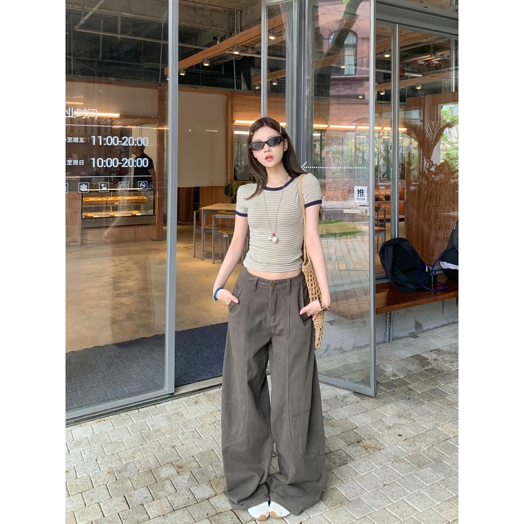 夏季新款条纹撞色短袖女t恤休闲圆领美式辣妹正肩遮肉显瘦上衣服