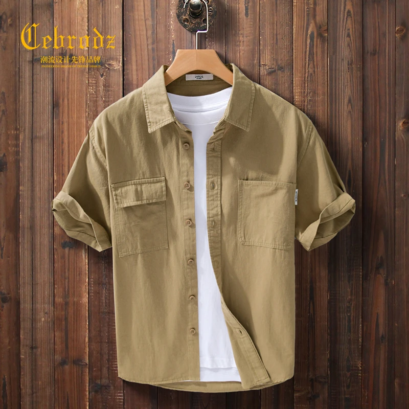 Cebrodz高级感美式工装短袖衬衫男夏季户外宽松痞帅休闲翻领衬衣
