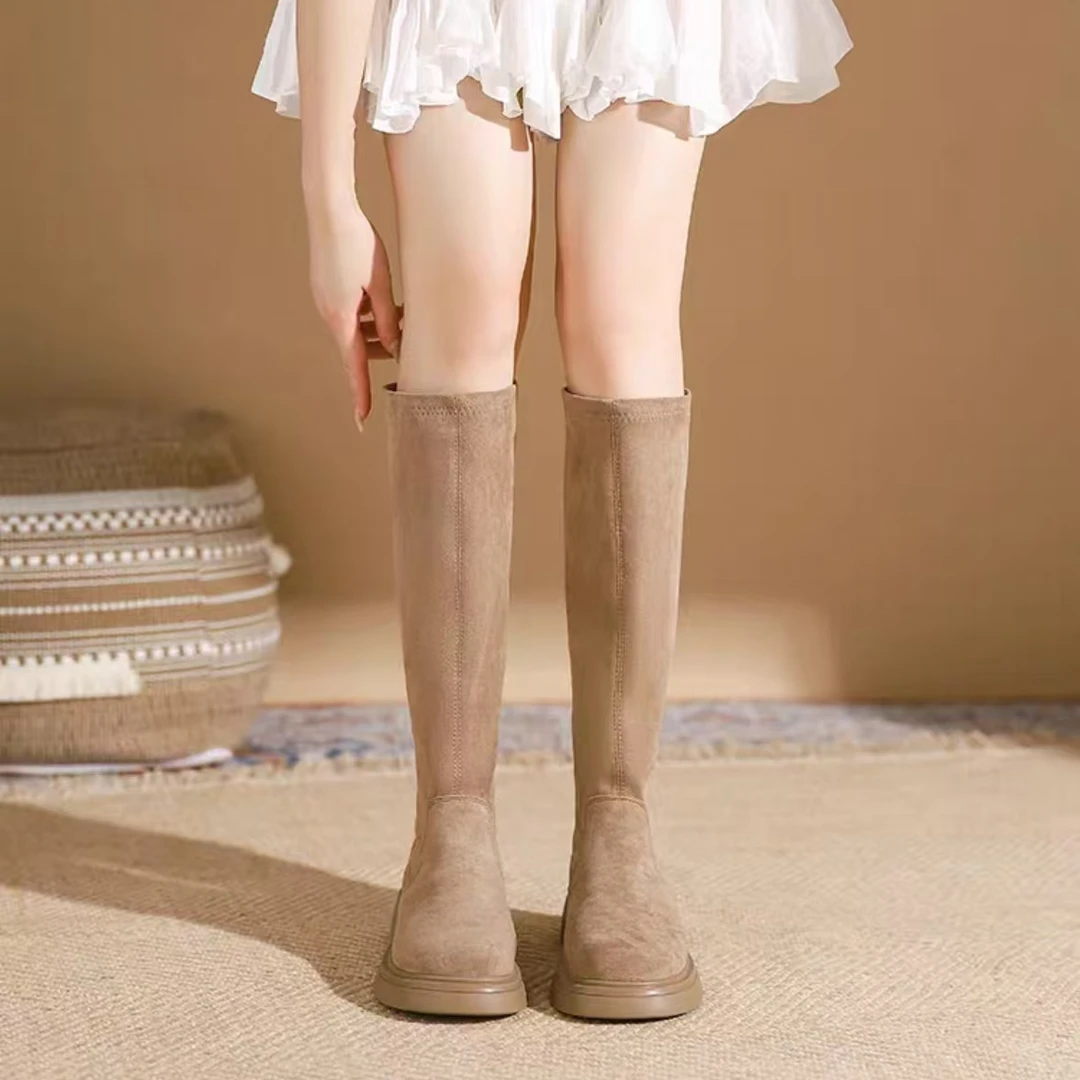 25年新款网红款中筒靴百搭厚底秋冬长筒瘦瘦靴圆头弹力靴时尚