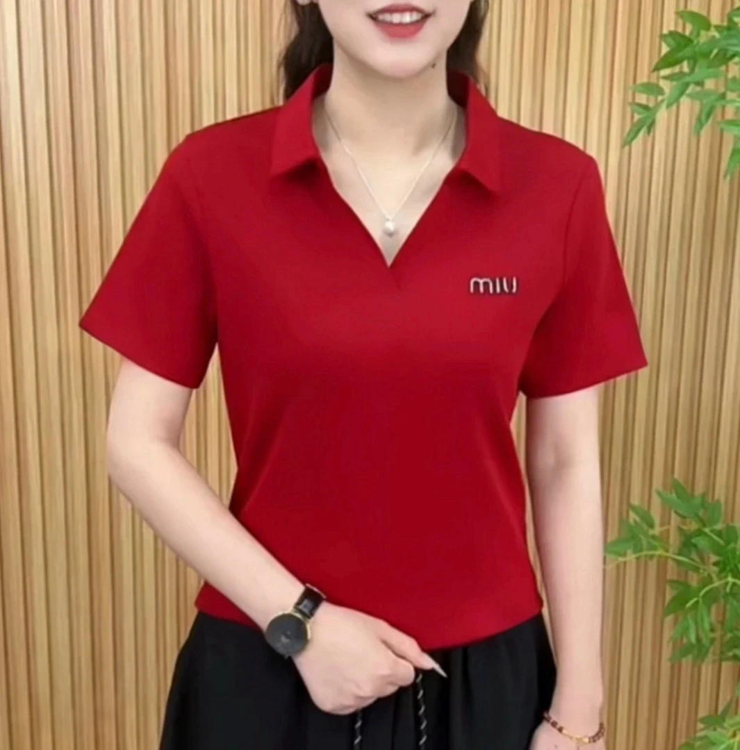2025女士Polot恤短袖薄款夏季翻领时尚百搭显瘦遮肚休闲减龄上衣