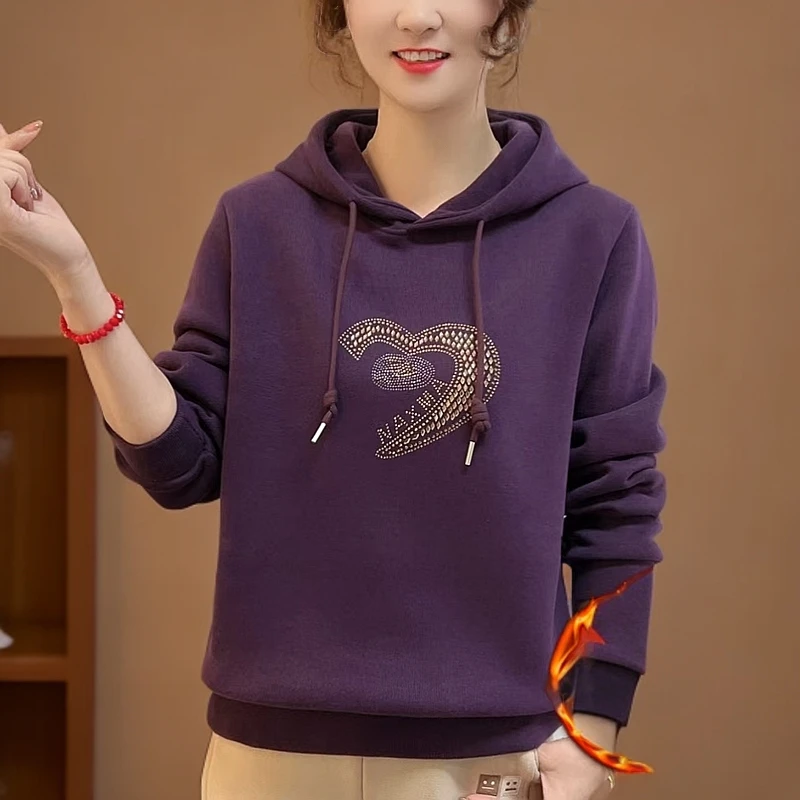 【烫钻爱心连帽】休闲加绒保暖卫衣女宽松百搭显瘦减龄长袖上衣潮流