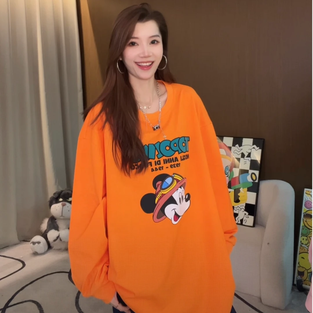 2026春季新款女遮屁股休闲宽松大版米奇印花百搭圆领长袖T恤70016